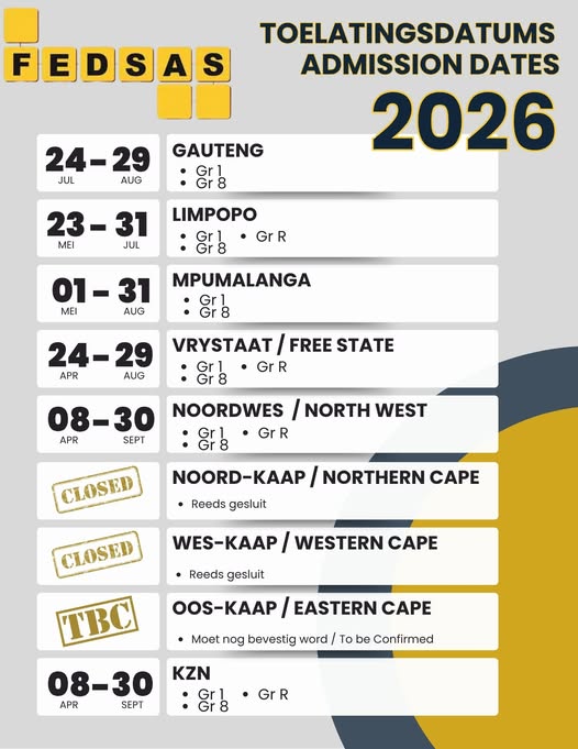 📌 SCHOOL ADMISSIONS | 2026
For the 2026 academic year, applications for Grade R, 1 and 8 will open on different dates depending on the province. 
Please take note of the application windows for your province – some have already closed, and others are still to be confirmed.