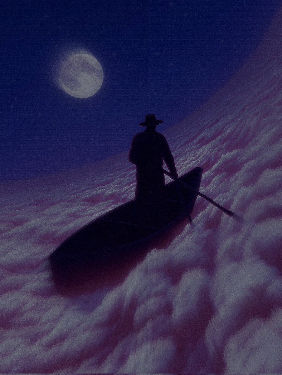 GM🤍 

New piece 🤍 now live on <a href="/objktcom/">objkt</a> 
"Journey Through The Dreamscape"

Beneath the moon's soft silver glow,
A lone boat sails where dreams flow,
Through clouds of pink and starry skies,
A silent voyager gently plies.

1/1 
200 #XTZ 
🔗⬇️