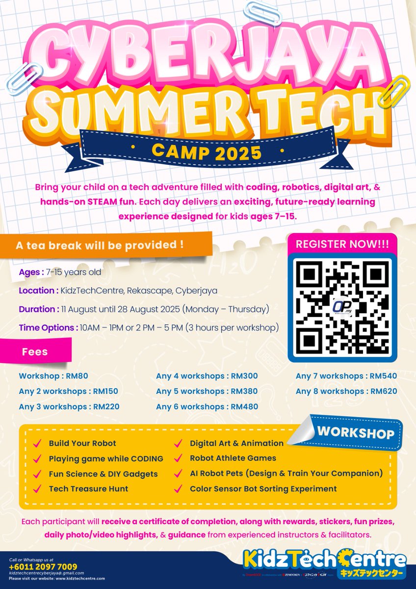 Cyberjaya Malaysia (@cyberjayabuzz) on Twitter photo 🌟CYBERJAYA SUMMER TECH CAMP 2025 is now open for registration! 🌟
🧒🏻👦🏻 For kids aged 7–15 years
🗓 11–28 August 2025 (Mon–Thurs)
⏰ Choose 10AM–1PM OR 2PM–5PM
🏫 KidzTechCentre @ Rekascape, Cyberjaya
🍪 Tea break provided!
<a href="/Twt_Cyberjaya/">Cyberjaya Info</a> 🌟CYBERJAYA SUMMER TECH CAMP 2025 is now open for registration! 🌟
🧒🏻👦🏻 For kids aged 7–15 years
🗓 11–28 August 2025 (Mon–Thurs)
⏰ Choose 10AM–1PM OR 2PM–5PM
🏫 KidzTechCentre @ Rekascape, Cyberjaya
🍪 Tea break provided!
<a href="/Twt_Cyberjaya/">Cyberjaya Info</a>