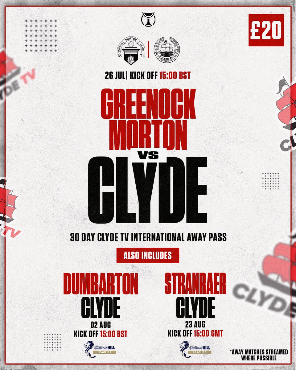 ClydeFC's tweet image. ๐ Overseas supporters can tune into tomorrow's game v Greenock Morton, as well as our other away matches within the next 30 days with our Clyde TV International Away Pass subscription.
๐บ clydefc.ticketco.events/uk/en/e/greenoโฆ
