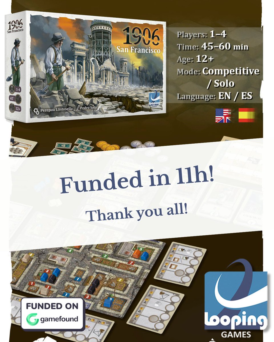 🎉Funded in 11 hours!
Gracias por todo el apoyo que le estáis dando a esta 2a edición de 1906!
Aún quedan algunos días para apuntaros al pledge y que pronto podáis disfrutar de este 1906 San Francisco junto al 1975 White Christmas 🔥⬇️
gamefound.com/es/projects/lo…