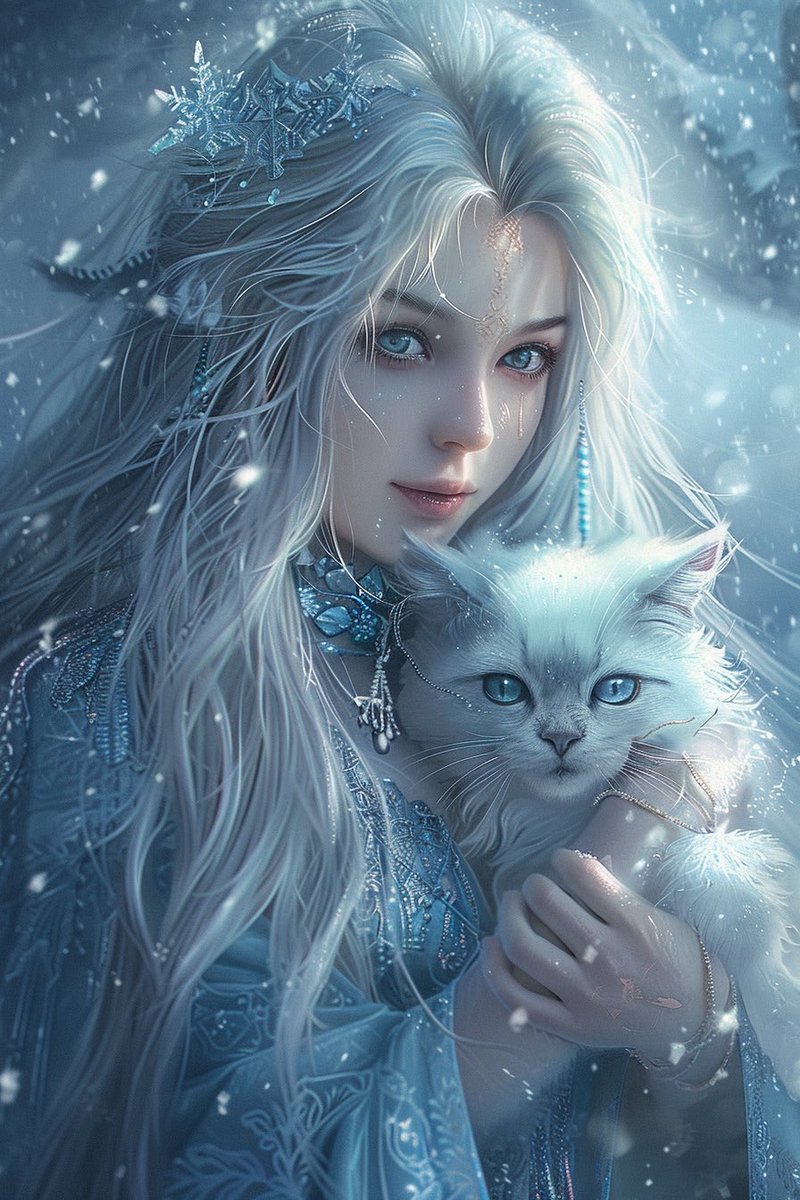 From the Witch Series —
Two icy souls,
one silent bond.

#WitchSeries #IceWitch #MagicCat 
#AIart #midjouroney