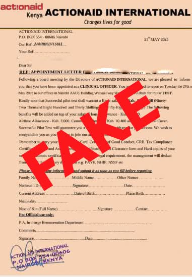 ActionAid_Kenya's tweet image. 🚨 Job Scam Alert – @ActionAid_Kenya 🚨
We’ve received reports of fraudulent recruitment offers being circulated in our name. Please be advised: ActionAid Kenya does not use Gmail, Yahoo, or any unofficial email addresses for recruitment.
✅ Official communication ONLY comes…