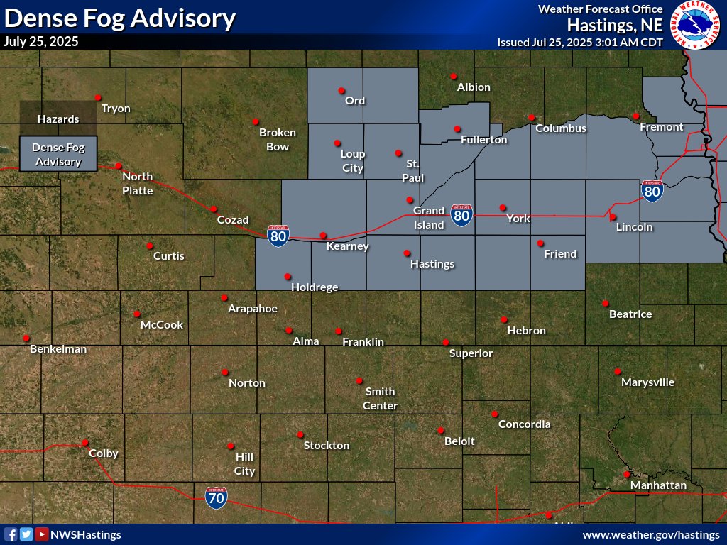NWSHastings's tweet image. A Dense Fog Advisory has been issued for the counties shaded in gray through 10AM Tuesday. Visibilities at or below one quarter mile will be possible. Use caution if you must travel this morning.