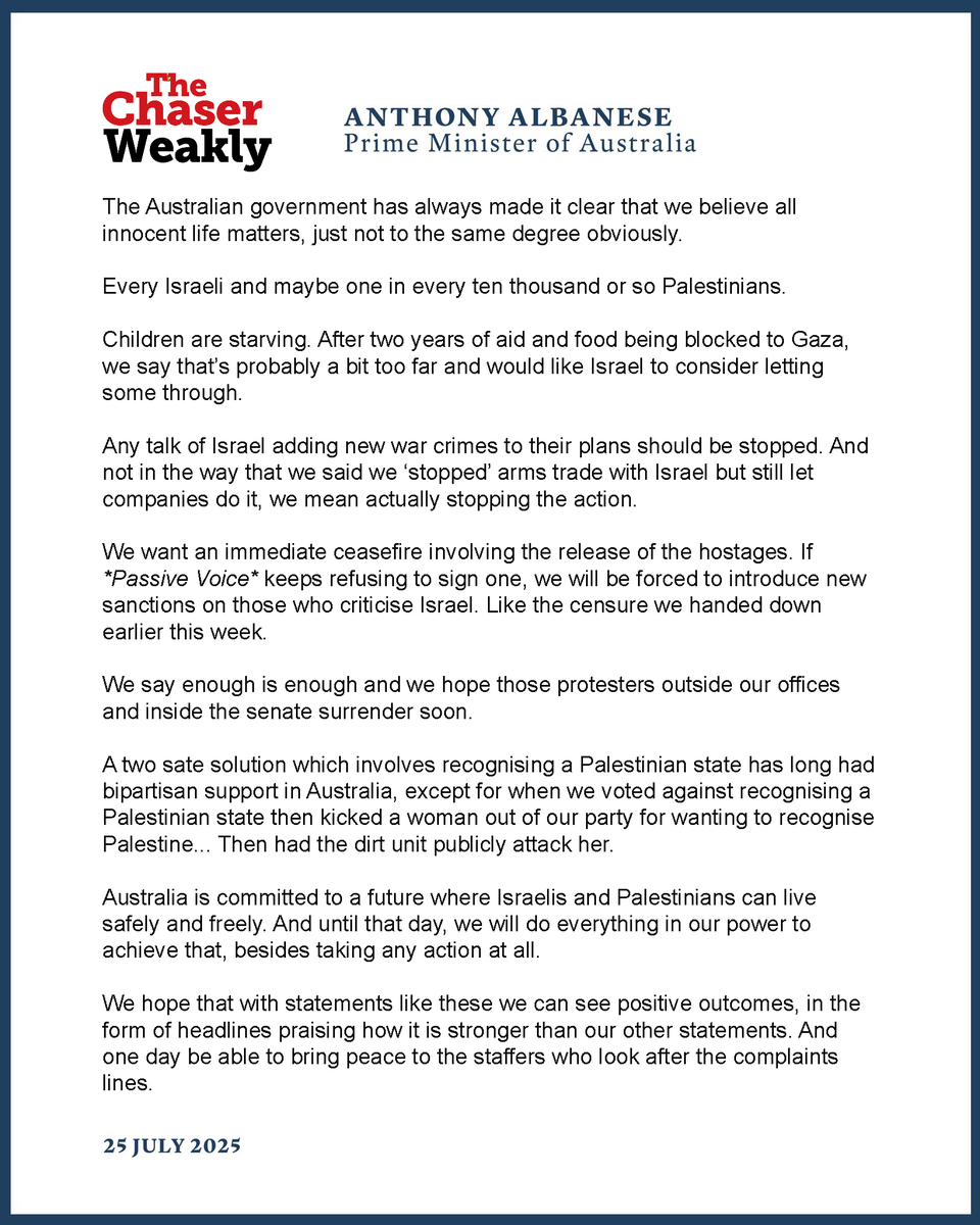 chaser's tweet image. EXCLUSIVE: Prime Minister Anthony Albanese has released a revised version of his statement from earlier today.