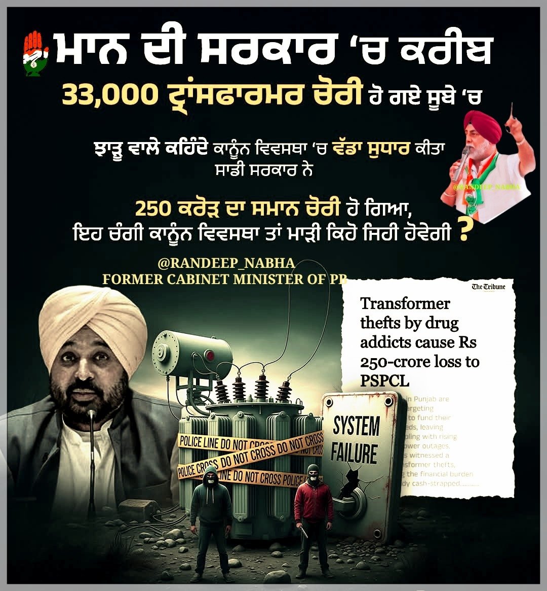 randeep_nabha's tweet image. #आपपंजाबसरकार :-सिर्फ 1 साल में 250 करोड़ के ट्रांसफॉर्मर चोरी — सरकार के अपने आंकड़े उड़ा रहे हैं पोल!आख़िर ये चोरी है या कोई संगठित घोटाला❓सरकार अब तक चुप क्यों❓
#AAPPUNJABGOVT Transformers worth ₹250 crore stolen in just 1 year — as per GOVT data! Is this mere theft or a…