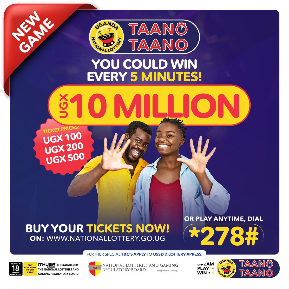 #TAANOTAANO is the NEW hottest game in Uganda. 
Play from just UGX 100 and take your shot at the Jackpot!

Visit bit.ly/3xoZfdM.or.  Your weekend could be unforgettable — but only if you play!

18+ | Powered by ITHUBA

#DreamPlayWin  
#UgandaNationalLottery