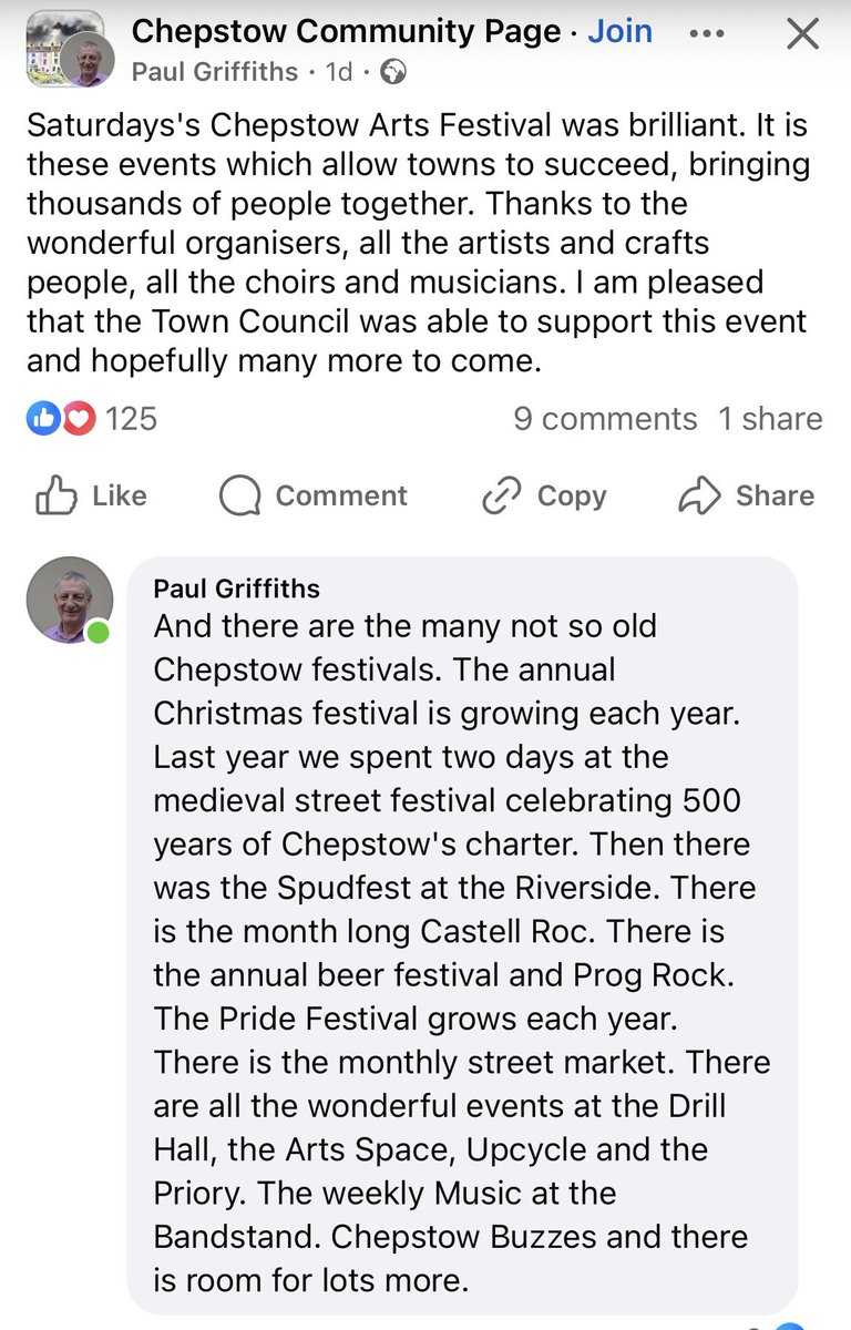 PaulMatthews67's tweet image. I’m having a bit of a ‘love-in’ with Chepstow at the moment - it really is a lovely town with the richest history but it’s so much more. The Chepstow Show is imminent and this Facebook grab of Paul Griffiths comments gives you a real flavour of the social hive it is @visit_mon