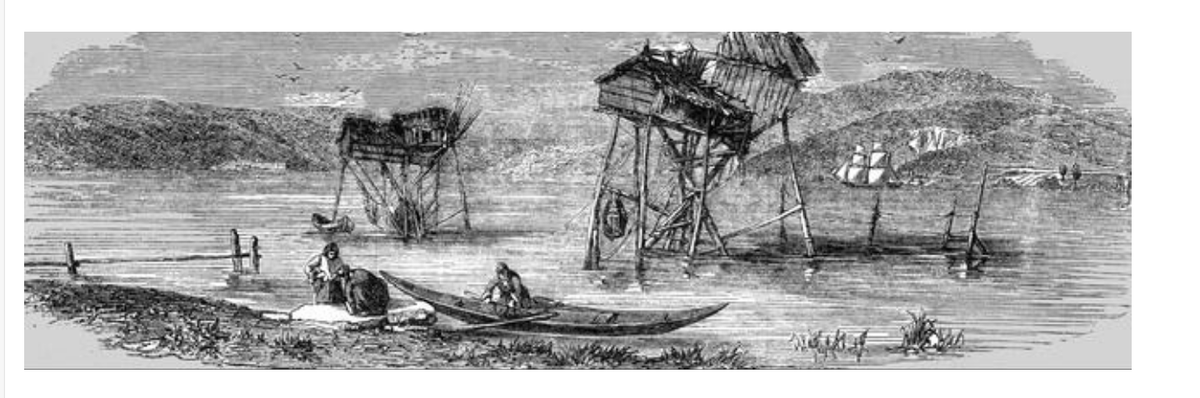 Stonefishweirs's tweet photo. Drawing of a 'Fishing Stations near the entrance of the #BlackSea', 1854. Most likely on sea of coast of #Türkiye. Showing stilled fishing station with fishier peaple using #fishing with #nets, #fishtraps from shallow boat or #canoe. stations like this are found in Greece. https://t.co/lEKry7DaO2