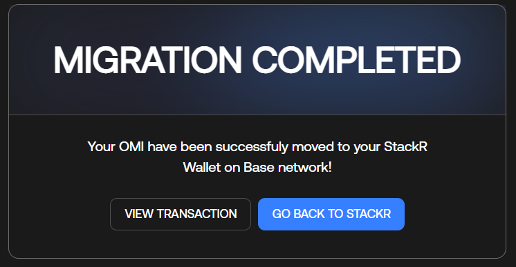 edizkan_'s tweet image. Just migrated my OMI to the StackR Wallet ✅
Had some issues at first, but the support team was quick and helpful.
After that, just one click, and the rest was seamless.
Appreciate the smooth experience.
Thanks to the @StackRworld and @ecomi_ team for making it easy! 🙌