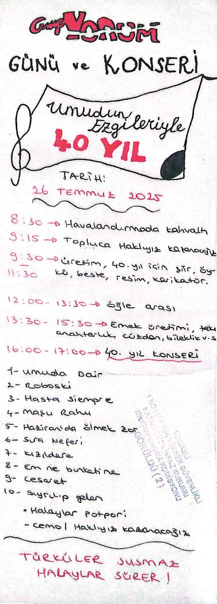 Grup Yorum'un 40. yılı için bugün Yorum tutsakları, bulundukları tüm hapishanelerde şarkılarıyla, türküleriyle, üretimleriyle, "özgür tutsak konserleri"yle umudun ezgisinin 40. yılını kutluyor.
Kandıra 1 No'lu F Tipi Hapishanesi'nden gelen "özgür tutsak Yorum konseri"