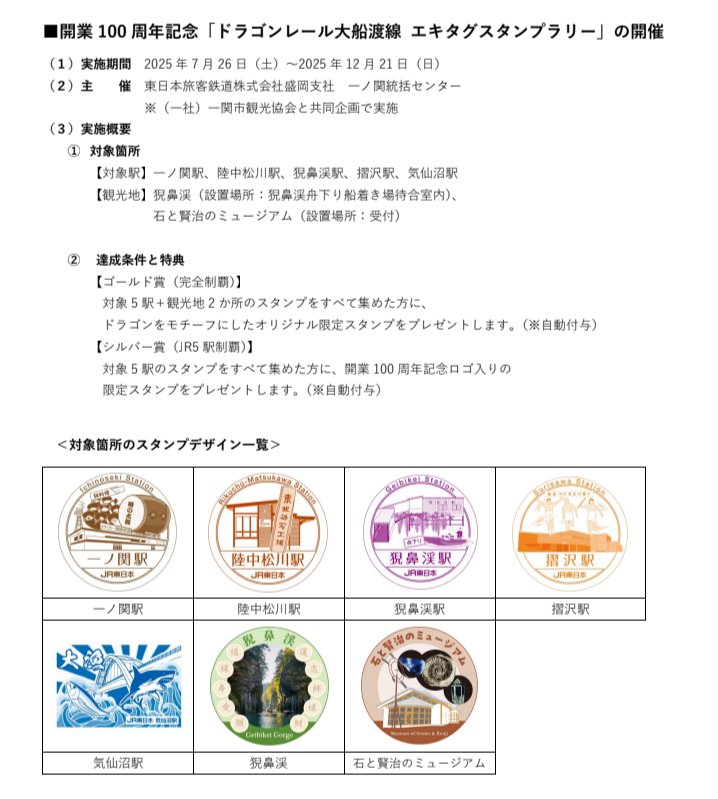 ishitokenji's tweet image. 明日から開業100周年記念『ドラゴンレール大船渡線 エキタグスタンプラリー』がはじまります。東山では陸中松川駅&猊鼻渓駅と猊鼻渓(舟下り船着場)、当館の受付(写真参照ください)の4か所で各々ちなんだデザインのデジタルスタンプが収集出来ます。