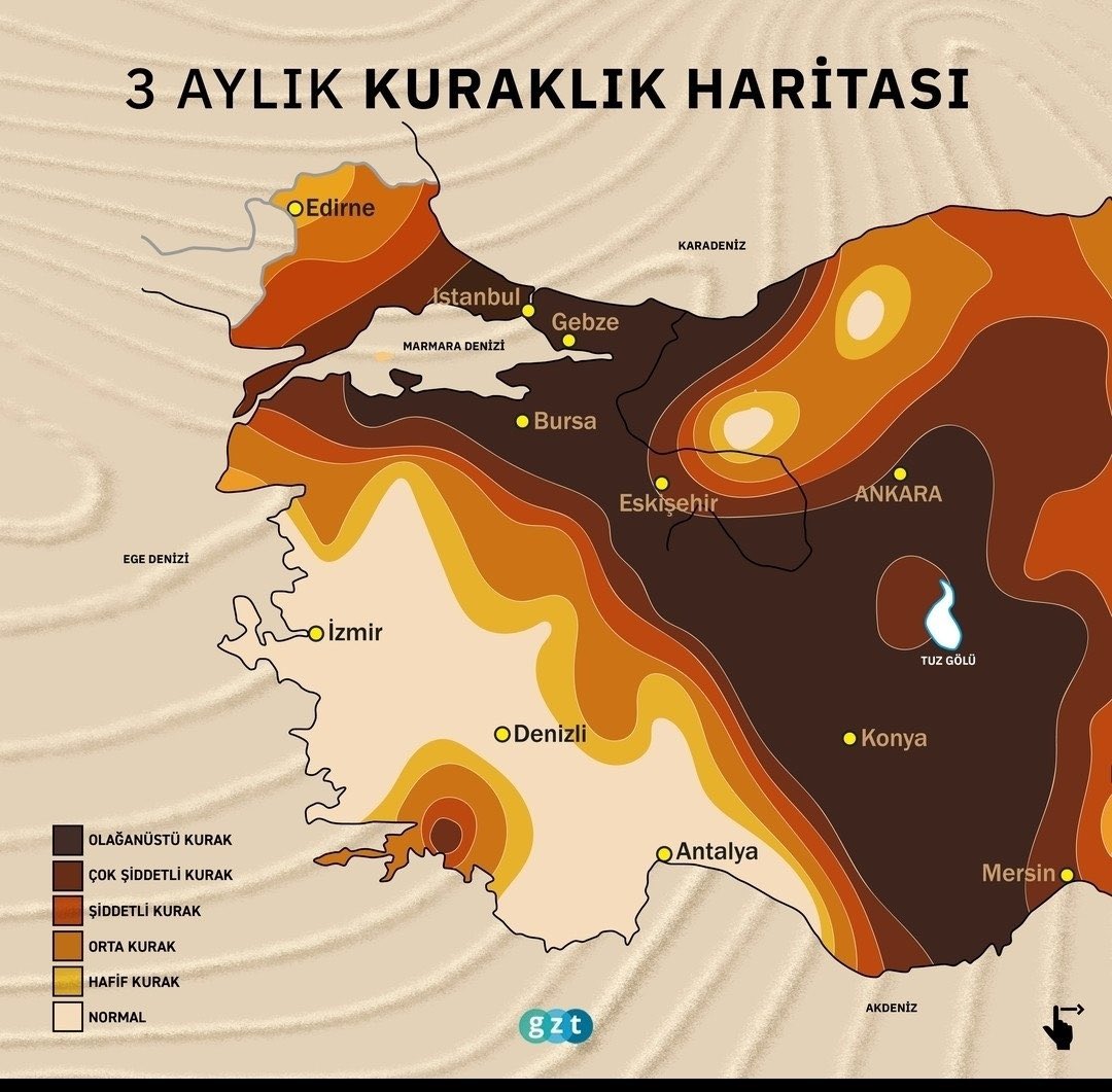 malikulat's tweet image. Herkes DİKKATLİ OLMALI...
MGM’nin son kuraklık haritası; son 6 aylık dönemde #kuraklık yaşanıyor.
Su kesintileri gelebilir.
Su da azami tasarruf önemli.
Orman yangınları konusunda azami DİKKAT...