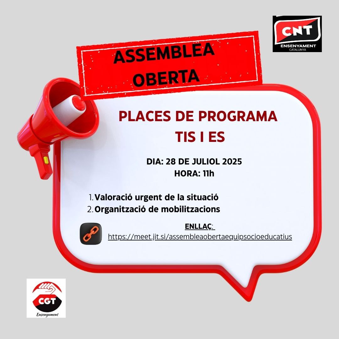 🔴 Davant d'aquest atac i el risc que correm els equips socials dels centres educatius catalans, les treballadores (TIS i ES) hem decidit organitzar-nos.

⚫️ Dilluns a les 11h assemblea oberta per defensar els nostres llocs de feina i garantir una educació pública de qualitat.