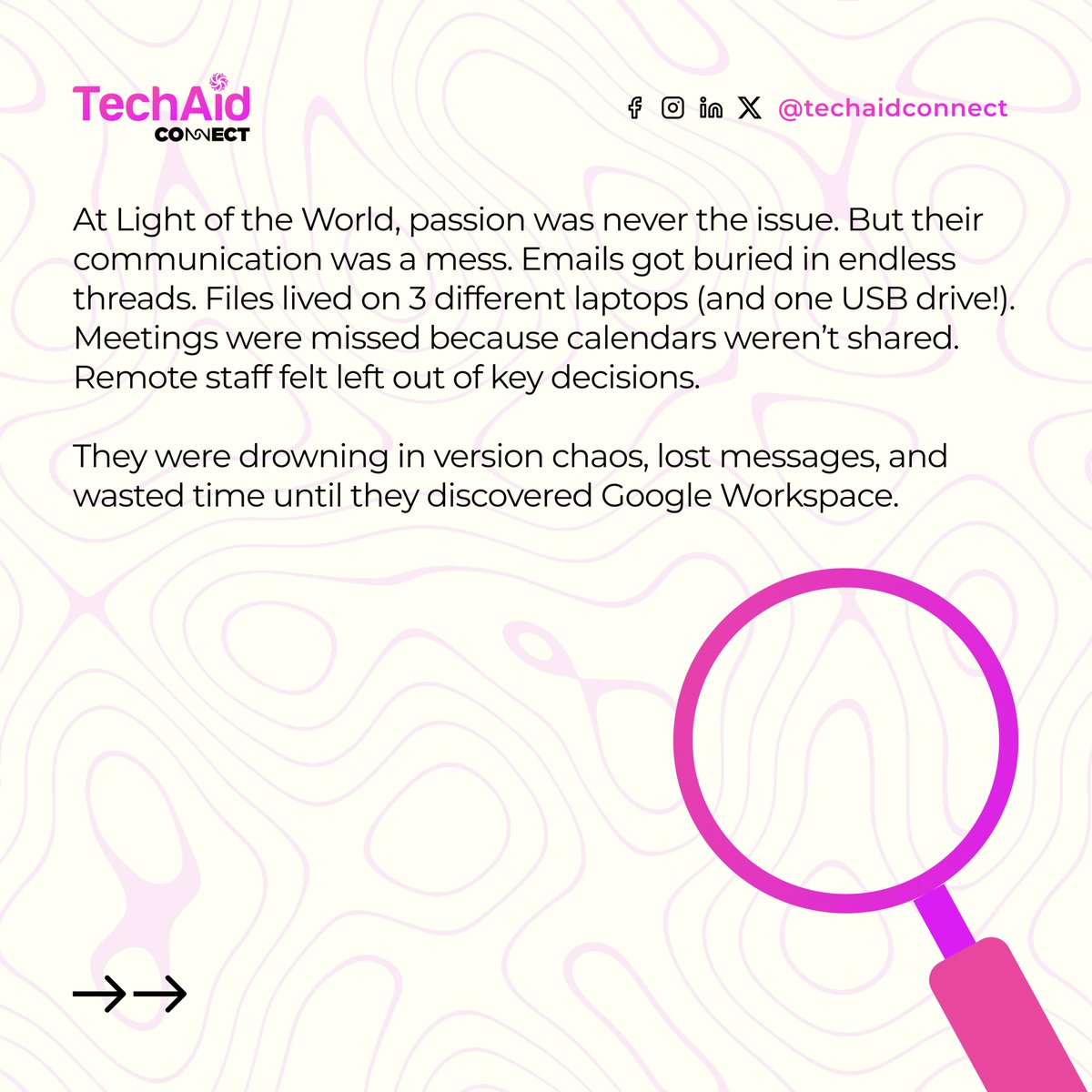 TechAidConnect's tweet image. They were drowning in missed emails, lost files, and scheduling nightmares. Then they discovered Google Workspace. For FREE. Here’s how it changed everything.
Tag a nonprofit that needs this! Your Turn! Google Workspace is Free for Nonprofits.
#NonprofitTech #WorkSmarter