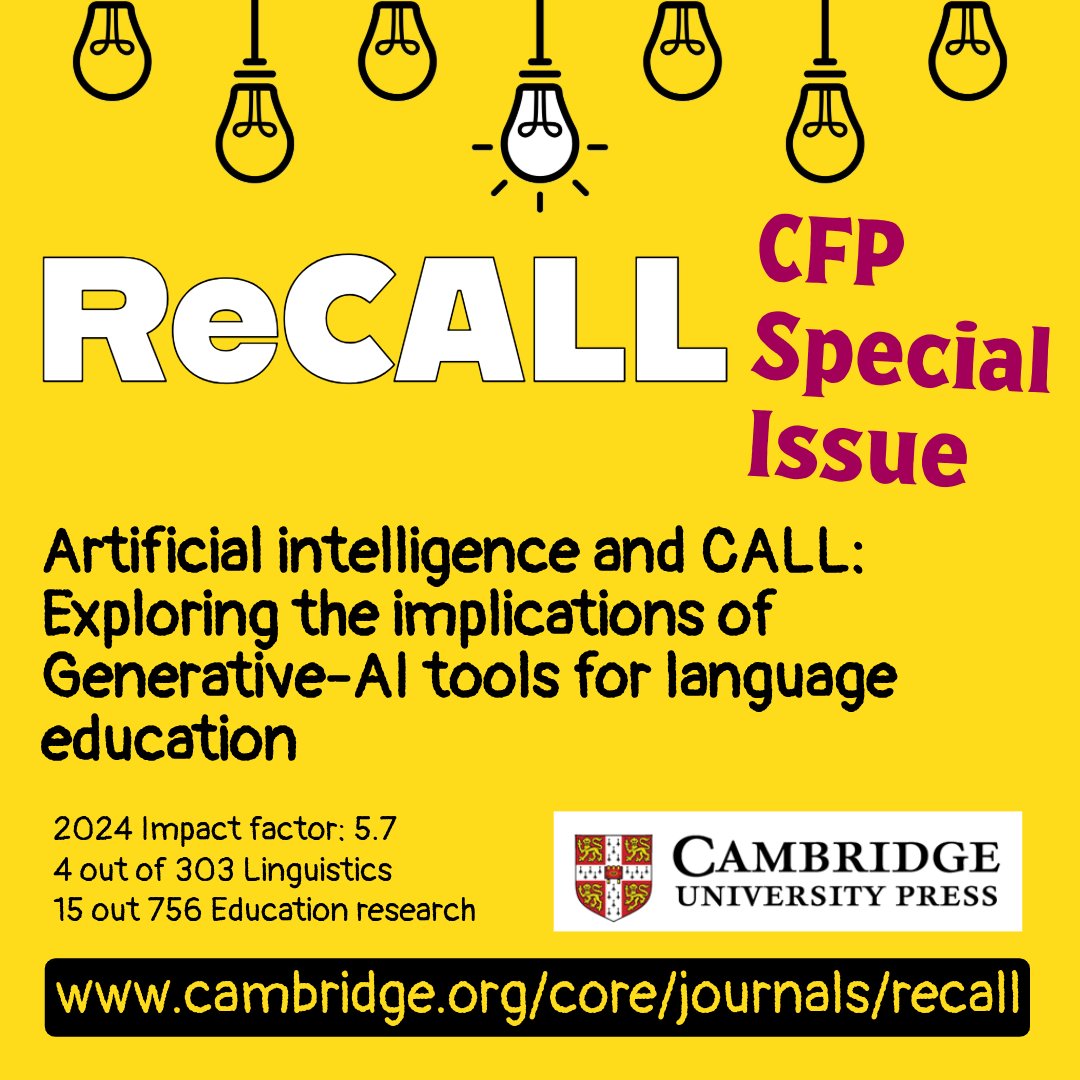 perezparedes's tweet image. The expression of interest to submit a paper to the special issue of the ReCALL @CambUP_LangLing journal: Artificial intelligence and CALL: Exploring the implications of Generative-AI tools for language education ends September 30th. Info 👉cambridge.org/core/journals/…
ReCALL is…