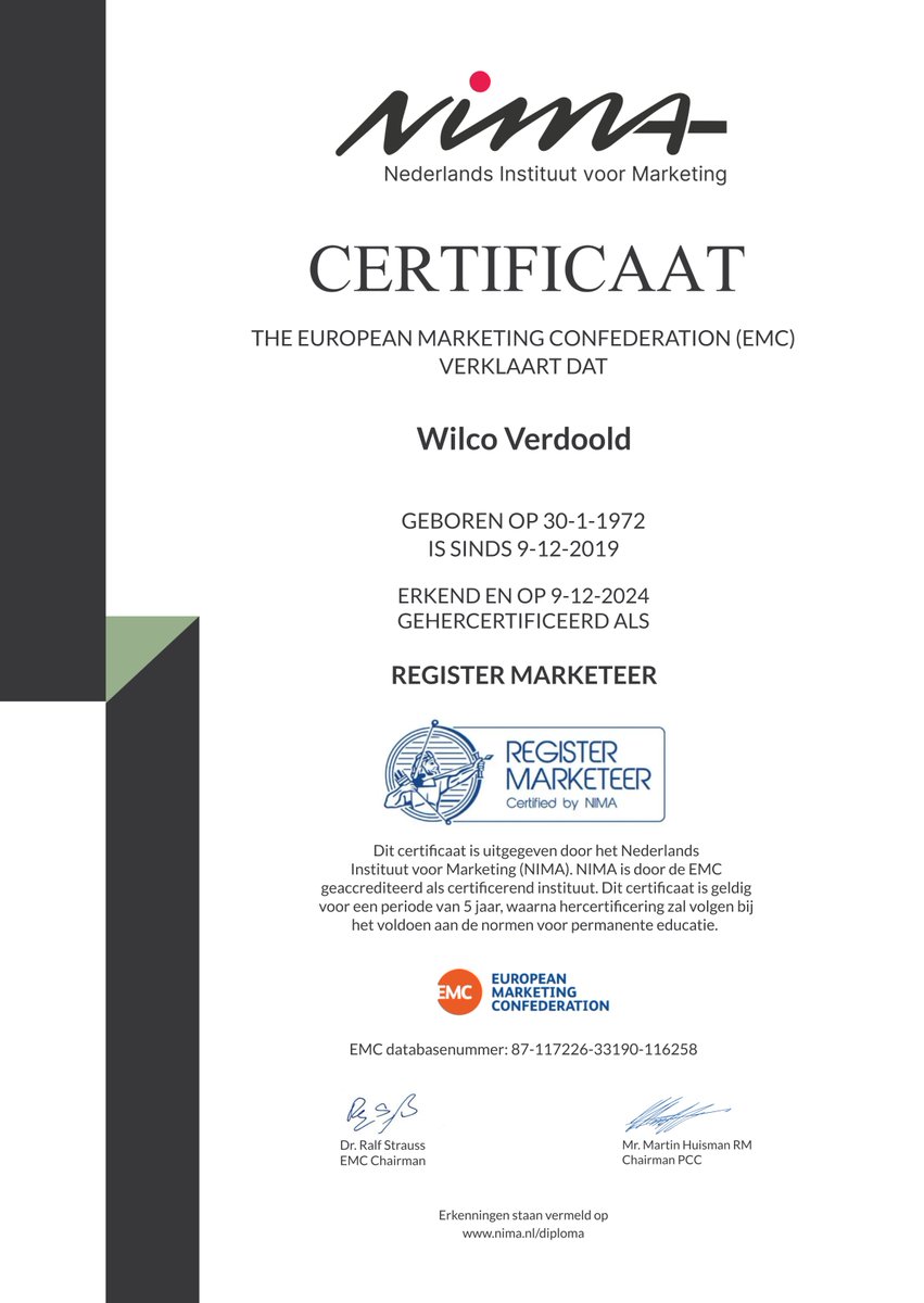 Gelukt! Mijn hercertificering als Register Marketeer (RM) is voltooid. Ik mag me weer 5 jaar Register Marketeer noemen.