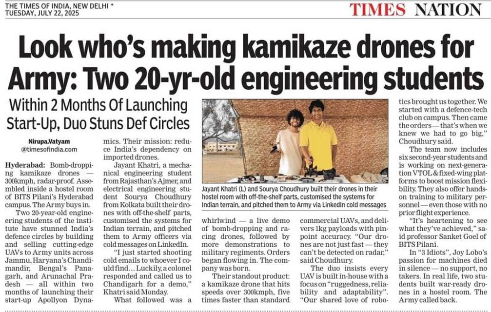 🚀 From BITS hostel rooms to the Indian Army!

Under #NIDHIPRAYAS, a startup by Jayant Khatri &amp; Sourya Choudhury built radar-proof drones now flying at 300 kmph for national defence. 🇮🇳✈️

📖 Read more: lnkd.in/dxPwiKVt

#DroneTech #MakeInIndia #StartupIndia #BITSianSpirit