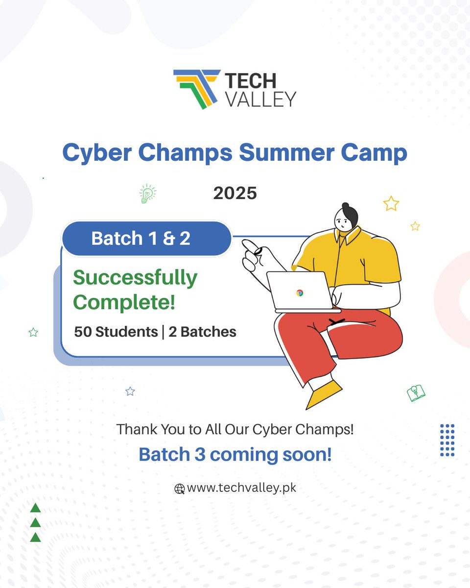 TechValleyPak's tweet image. 𝐁𝐚𝐭𝐜𝐡 𝟏 &amp;amp; 𝟐 𝐨𝐟 𝐭𝐡𝐞 𝐂𝐲𝐛𝐞𝐫 𝐂𝐡𝐚𝐦𝐩𝐬 𝐒𝐮𝐦𝐦𝐞𝐫 𝐂𝐚𝐦𝐩 𝟐𝟎𝟐𝟓 𝐡𝐚𝐯𝐞 𝐨𝐟𝐟𝐢𝐜𝐢𝐚𝐥𝐥𝐲 𝐰𝐫𝐚𝐩𝐩𝐞𝐝 𝐮𝐩!

𝐒𝐭𝐚𝐲 𝐭𝐮𝐧𝐞𝐝 - 𝐁𝐚𝐭𝐜𝐡 𝟑 𝐢𝐬 𝐜𝐨𝐦𝐢𝐧𝐠 𝐬𝐨𝐨𝐧!

#CyberChamps #TechValleyPakistan