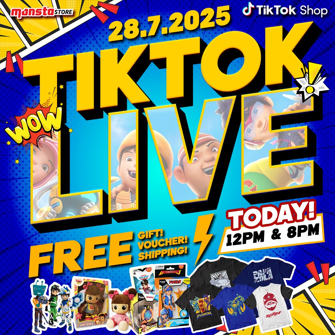 BoBoiBoy's tweet image. 📢 TikTok 🔴LIVE 28/7, 12 PM &amp;amp; 8PM! 

⭐PROMOSI TERGEMPAKKK!!!
✨ FGURA BoBoiBoy &amp;amp; BoBoiBoy Watch!
💥 Item istimewa: Tshirt BoBoiBoy, Papa Zola &amp;amp; Mechamato!
🎁 Diskaun dan voucher dalam LIVE sahaja. 

Jumpa di LIVE nanti! 🫰😎
🛒tiktok.com/@monstastore
