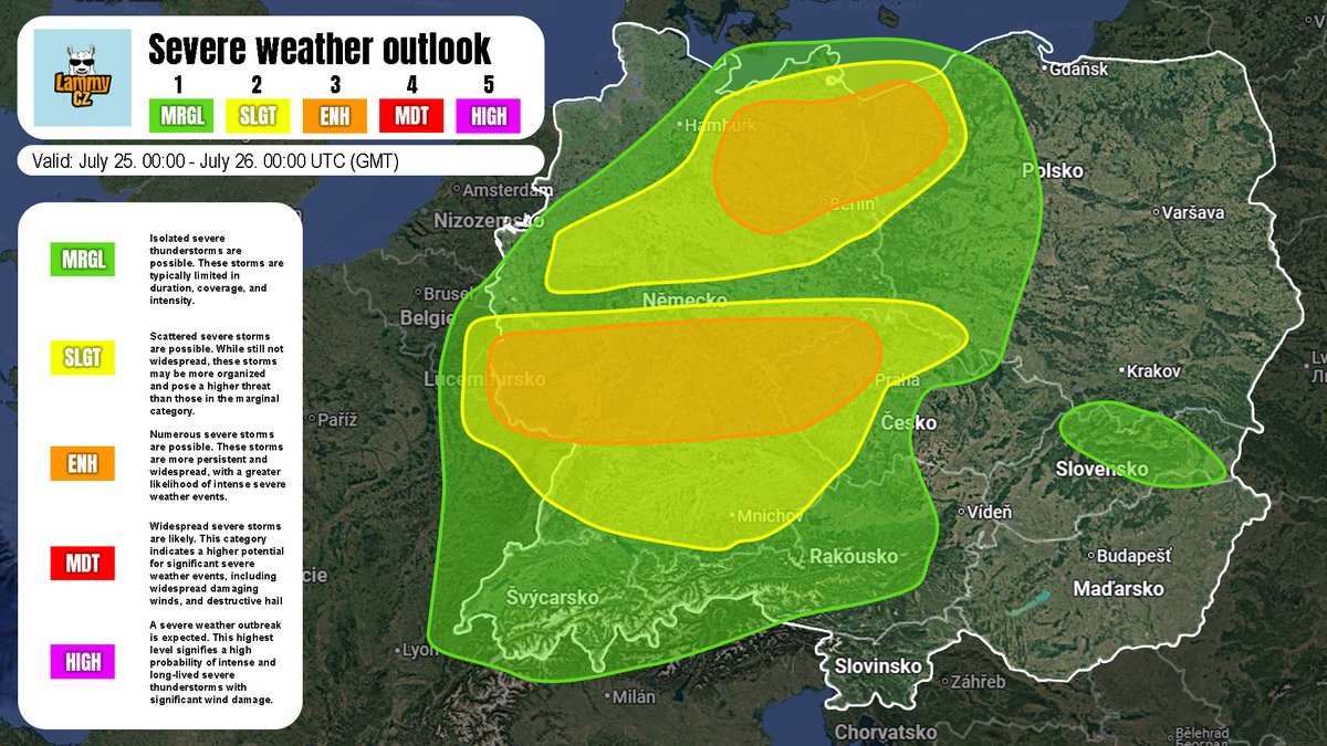 LammyCZ's tweet photo. ⚡Severe #weather #outlook for #Europe
📅Valid: July 25. 2025
🗒️Description: #Severe #storms expected July 25 including large #hail, strong #winds & heavy #rain.
📜Read the discussion for more info!
#weather #EUwx #weatherwx #storm https://t.co/b5UIBc4C6f