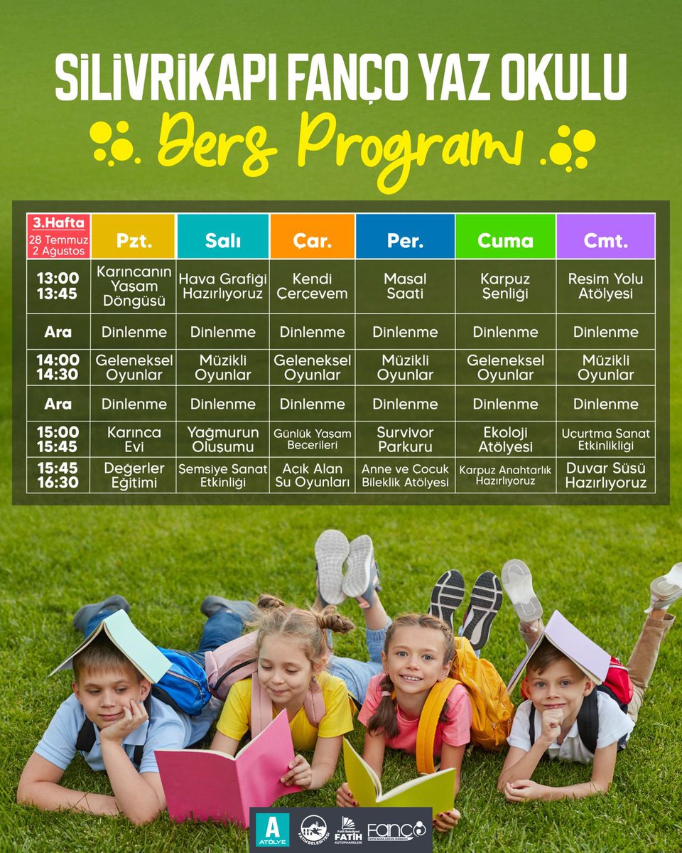 🎈Çocuklarımız için dolu dolu bir yaz burada. 

Karıncanın yaşam döngüsünden 🎶 müzikli oyunlara, 🎨 sanat atölyelerinden 🏃‍♂️ survivor parkuruna kadar dopdolu bir program.

Karpuz şenliği mi dediniz? 🍉 O da var. 

Kayıt 👉etkinlik.suricifatih.com/fanco-yaz-okul…

📍Silivrikapı Çocuk Kütüphanesi