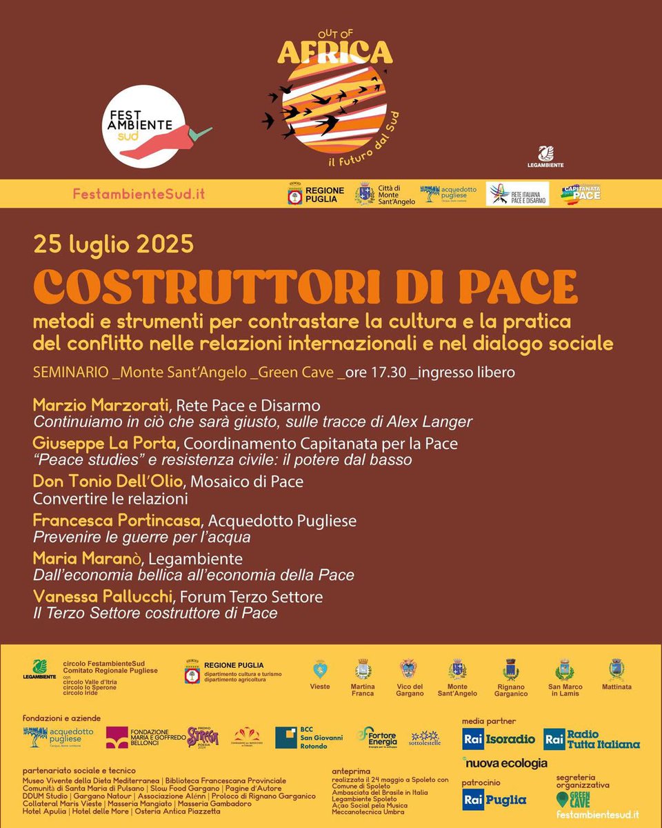 Forumterzosettore (@forumterzosett) on Twitter photo Come si costruiscono relazioni di #pace? Nella cornice di FestambienteSud, un momento di riflessione e condivisione delle sfide che possono portare fuori dalla deriva bellicista. Oggi #25luglio a Monte Sant’Angelo, con la nostra portavoce Pallucchi
<a href="/RetePaceDisarmo/">Rete Italiana Pace e Disarmo</a> <a href="/Legambiente/">Legambiente</a> Come si costruiscono relazioni di #pace? Nella cornice di FestambienteSud, un momento di riflessione e condivisione delle sfide che possono portare fuori dalla deriva bellicista. Oggi #25luglio a Monte Sant’Angelo, con la nostra portavoce Pallucchi
<a href="/RetePaceDisarmo/">Rete Italiana Pace e Disarmo</a> <a href="/Legambiente/">Legambiente</a>