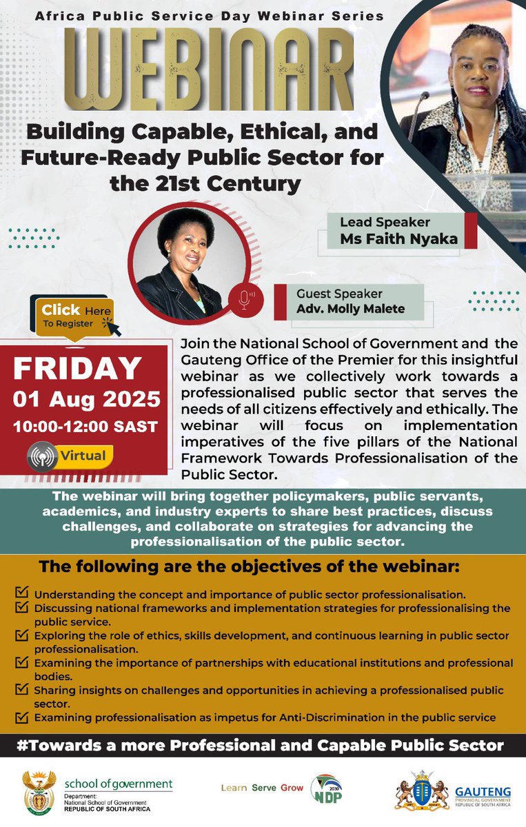 Dear public servants, officials in State entities, Professional bodies, Municipalities &amp; Universities.

Have you registered yet for a webinar on building a capable, ethical &amp; future-ready public sector?

Be part of the conversation, register here: 
study.mynsg.thensg.gov.za/mynsgcourses/i…