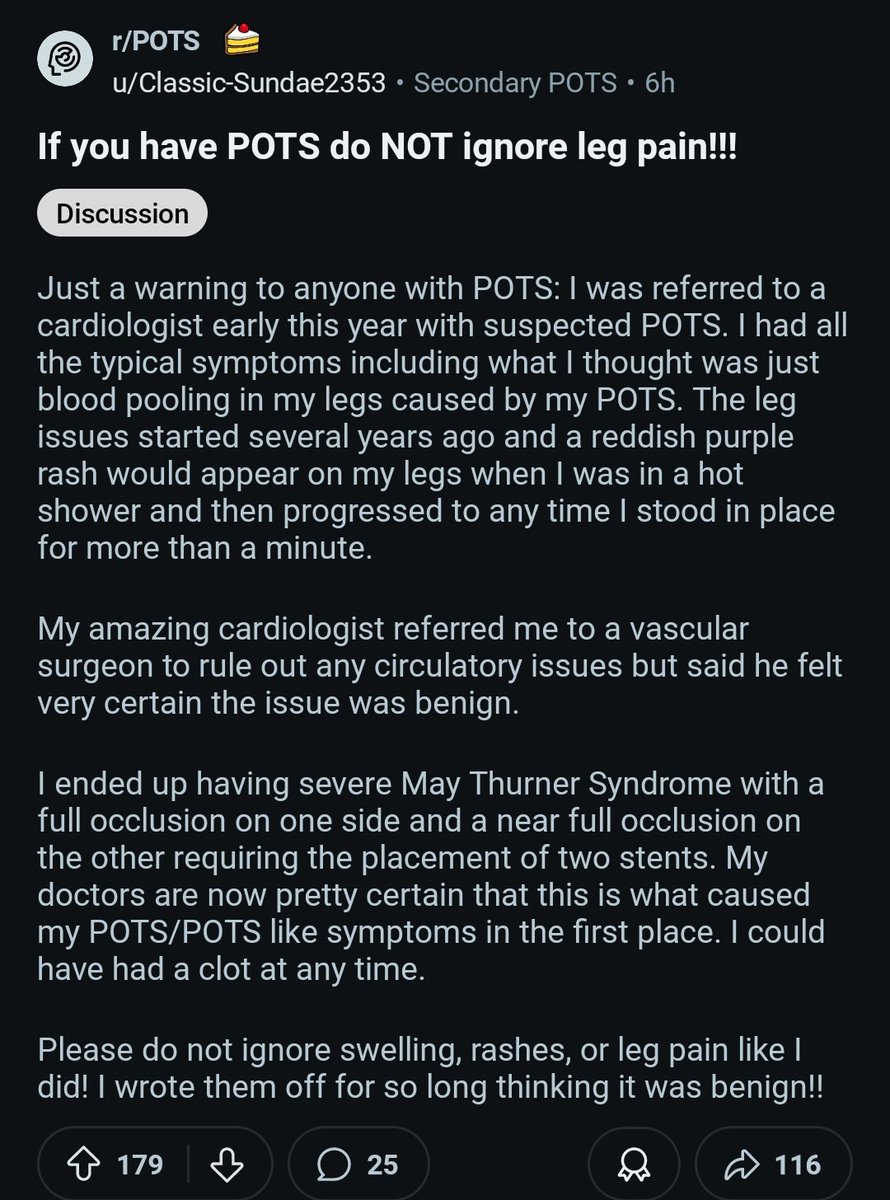 himmatb15's tweet image. From the POTS subreddit. One of my many regrets is not seeing a vascular surgeon for extensive testing when it was still physically possible for me to do it. But also, wild that none of the many neurologists or cardiologists suggested i see one.
