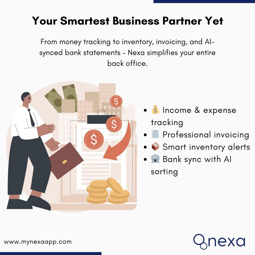 mynexaapp's tweet image. Bookkeeping? Handled.
Nexa combines invoicing, money tracking, inventory & smart bank syncing, all in one clean dashboard.
⚡ Simplify your finances.
Start FREE 👉🏾 mynexaapp.com
#Nexa #MyNexaApp #SmartBusinessTools #EntrepreneurLife #SMEs