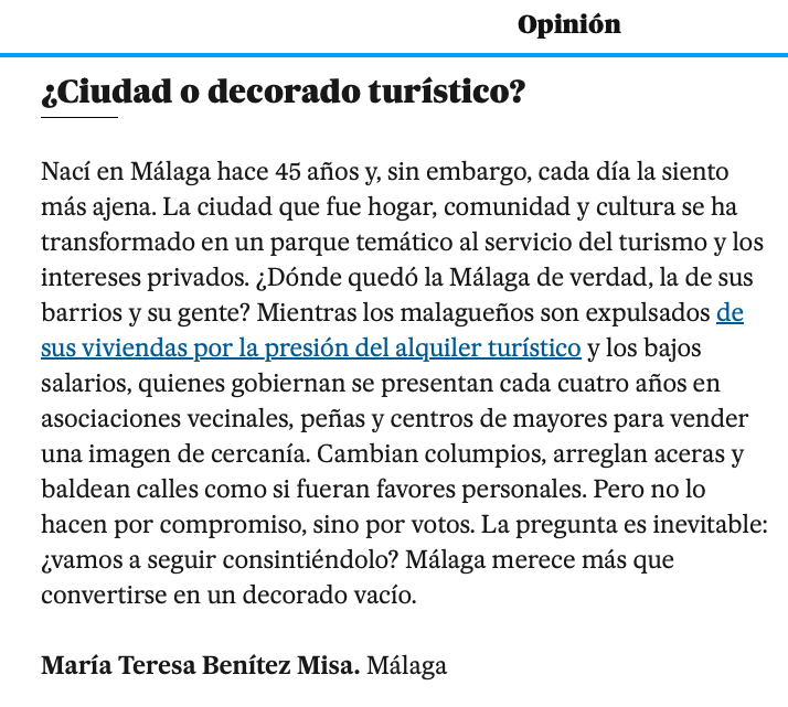 capitan_ahab's tweet photo. Hoy, por cierto, tenemos a Málaga por duplicado en @el_pais. Una carta de una lectora ("¿Ciudad o decorado turístico?") y el artículo "Sin Mundial y sin Expo 2027: la imagen internacional de Málaga se desinfla".  Estamos de moda, @pacodelatorrep... 

https://t.co/yLfWCujjJT https://t.co/u7hFCgyOH5