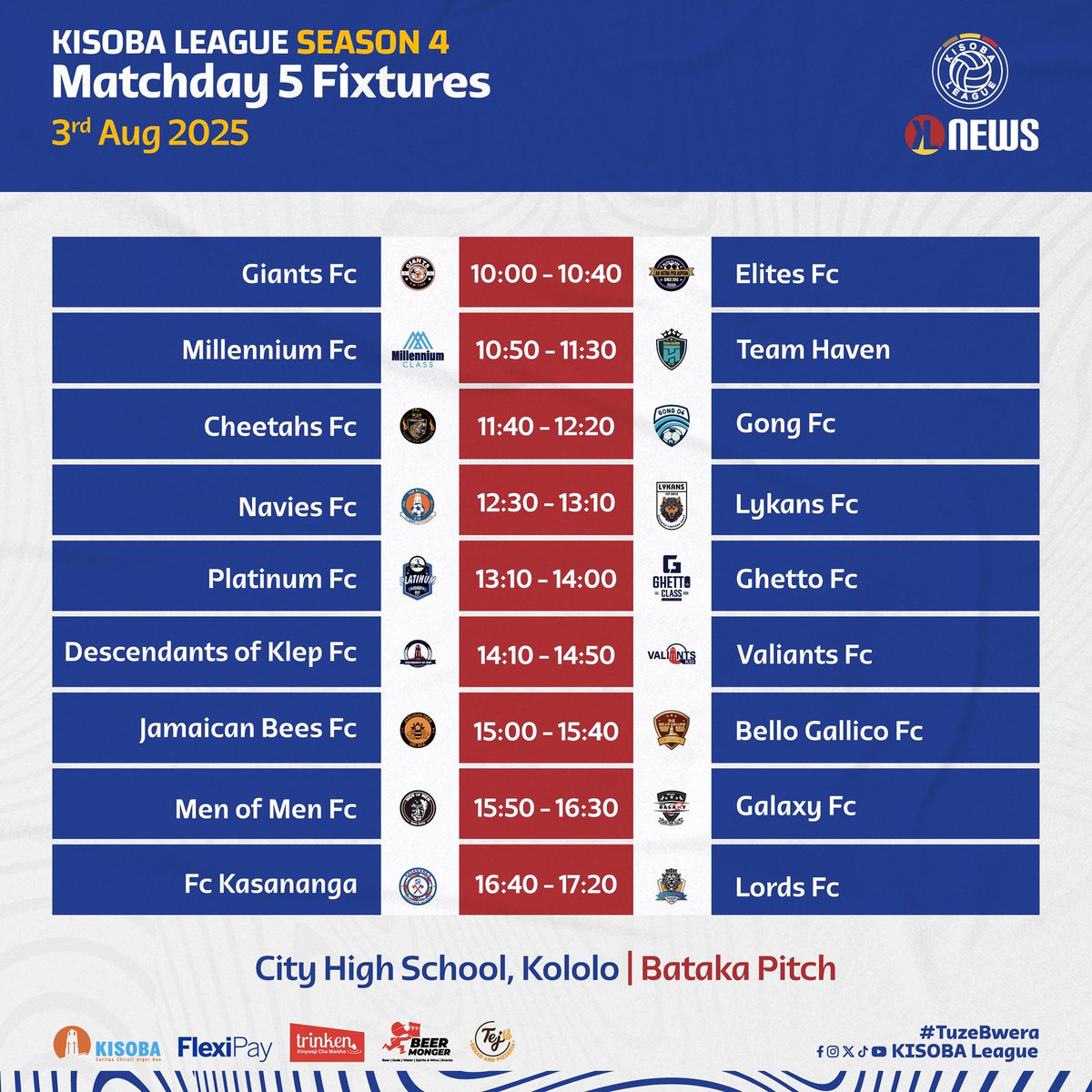KISOBALeague's tweet image. The second half of the season comes with all the action as leaders @galaxyk14fc take on unbeaten @MENOFMENFC12251. 

@TheGiants99 take on @elitesK15 while @GhettoClass_05 take on @PlatinumK07_FC. 

Match-day 5 fixtures are in📥

#KISOBALeagueSnIV || #KLBeachFinale🏖️