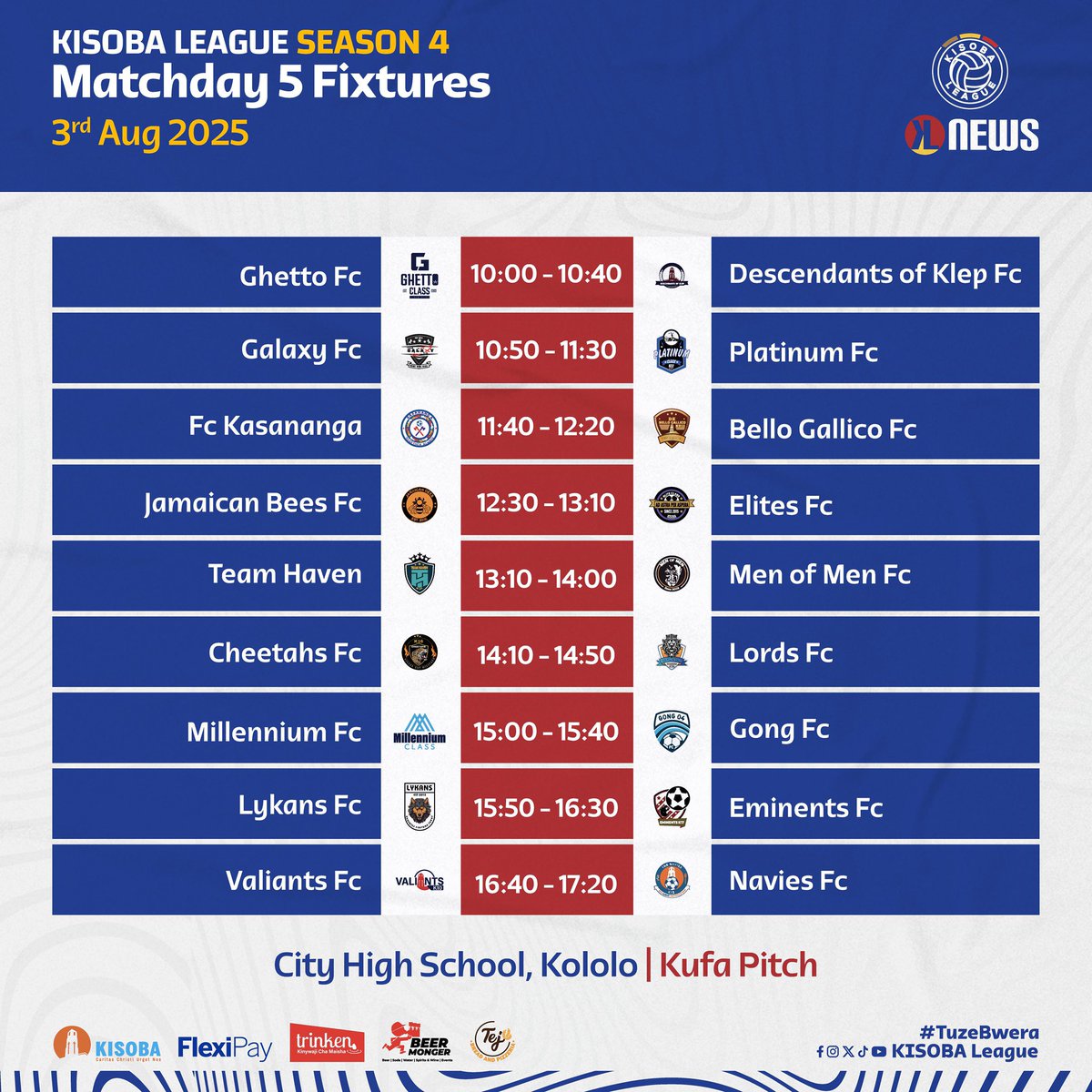 KISOBALeague's tweet image. The second half of the season comes with all the action as leaders @galaxyk14fc take on unbeaten @MENOFMENFC12251. 

@TheGiants99 take on @elitesK15 while @GhettoClass_05 take on @PlatinumK07_FC. 

Match-day 5 fixtures are in📥

#KISOBALeagueSnIV || #KLBeachFinale🏖️