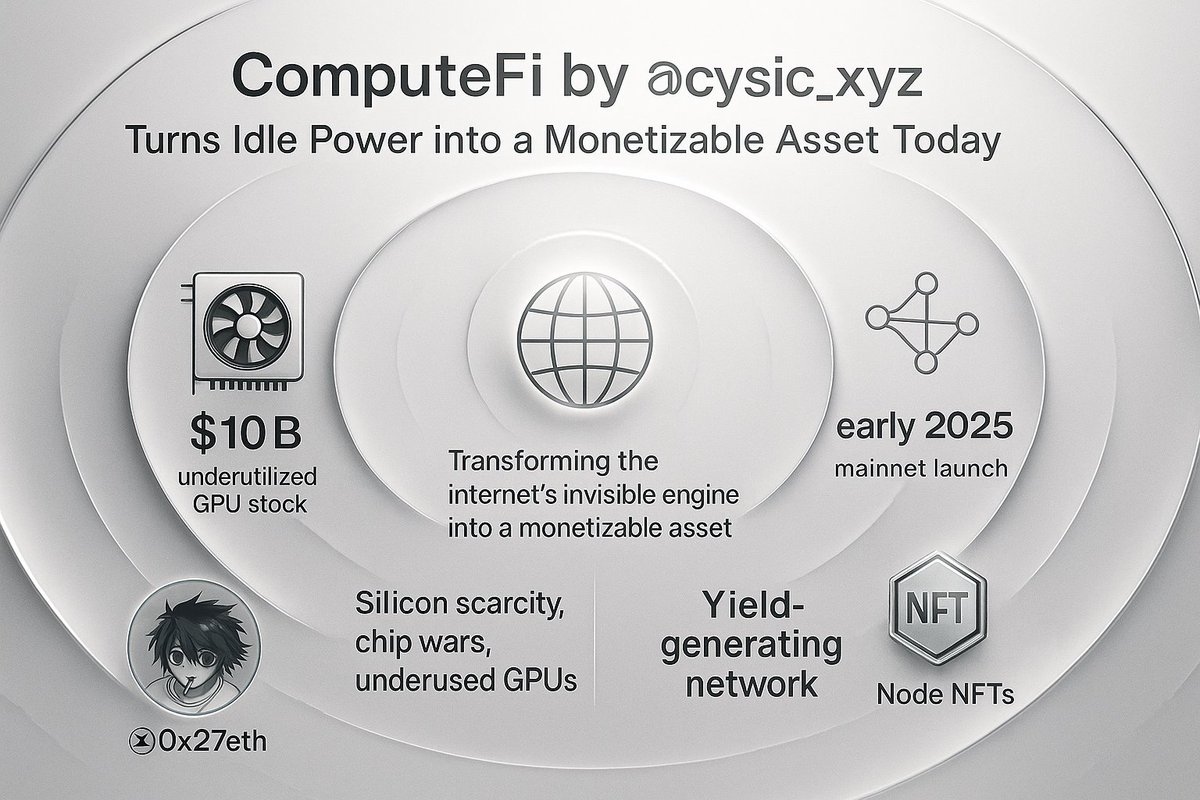 Mralieneth's tweet photo. ComputeFi by @cysic_xyz Turns Idle Power into a Monetizable Asset

Today, ComputeFi, the innovative project from @cysic_xyz, is shaking up the internet's hidden engine by turning it into a valuable asset. This is a game changer for the Web3 scene!

Amidst the challenges of silicon shortages, chip rivalries, and export restrictions driving the global AI arms race, ComputeFi is stepping up to meet the skyrocketing demand for high-performance computing. AI models are now doubling their hardware requirements every five months, and ZK cryptography is projected to rake in over $10 billion in annual revenue by 2030, with billions of proofs on the horizon.

But there's a twist in this tale of abundance:

- Enterprise-grade GPUs are sitting idle.
- Specialized setups worth millions are going to waste.
- A staggering 1.8 billion gaming GPUs are left with untapped potential.

This situation arises from a lack of coordination and inefficient allocation. ComputeFi is here to change that by linking fragmented infrastructure from GPU clusters to mobile devices into a cohesive, yield generating network. It’s making computing resources accessible and investable for everyone, not just the tech giants.

Builders can harness this power for AI inference and ZK proving, while node holders can earn revenue shares, unlocking the infrastructure layer of the AI economy. Inspired by Meta's recent multi billion dollar investment in AI infrastructure, ComputeFi aligns perfectly with Cysic Network's mission to make technology accessible to all. A testnet is already paving the way for a mainnet launch in early 2025.

A big shoutout to visionary leader @leofanxiong, whose expertise is steering this project, and to @5herv1n, @cysicjanitor, @alexcooperFPA, @RaeWrh,, @JOPIping, and @pulse327 for their community spirit.

Exciting times are ahead as the first Cysic ComputeFi Node NFTs are about to launch, with details coming soon. Each NFT will grant access to verifiable on-chain compute, a share in real AI and ZK workloads, and a stake in the infrastructure that drives the internet forward, marking a new era of ownership in decentralized computing. $CYS