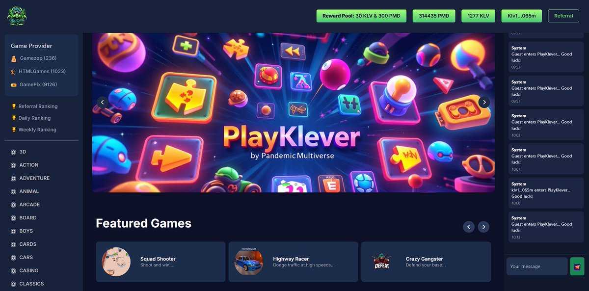 🚀 PlayKlever Hub – It’s Almost Here!

🔹 Internal testing is running
🔹 Referral system &amp; daily rankings now fully on Klever KVM (Testnet)
🔹 10,000+ games ... earn $PMD with every match 💥

If all goes well, we go live for everyone next week! 🎉

The Multiverse is about to