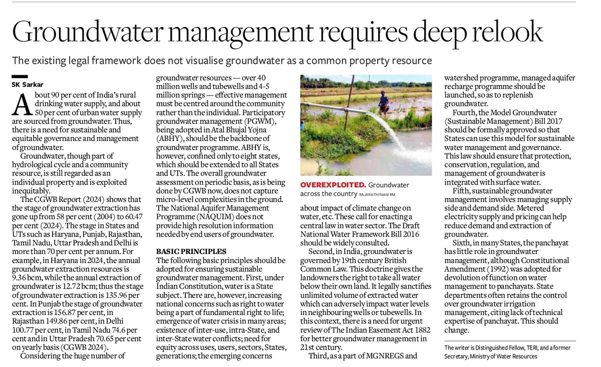teriin's tweet image. #InTheNews - Op-ed ✍️
"About 90 per cent of India’s rural #drinkingwater supply, and about 50 per cent of urban #watersupply are sourced from #groundwater. Thus, there is a need for sustainable and equitable governance and management of groundwater. The groundwater, though part…