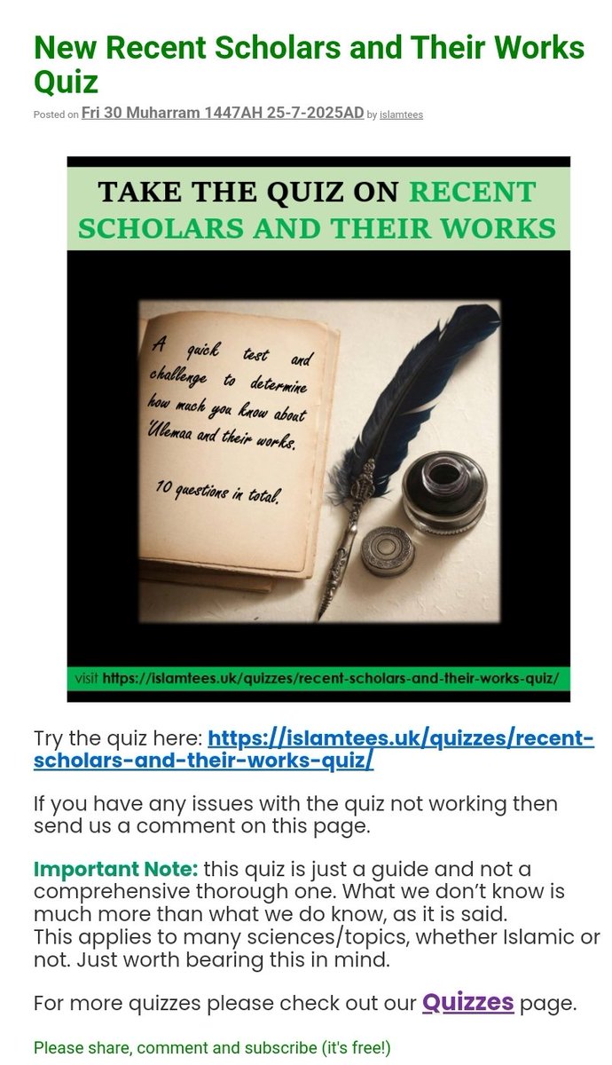 IslamTees's tweet photo. New Recent Scholars and Their Works Quiz
Take the quiz here:
https://t.co/wG7a6iELS2
Encourage friends and family to take part too.
#islamic #quiz #recent #scholars #shaykhs #ulemaa #shuyukh #works #books #replies #rebuttal #refutation #defence #tawheed #sunnah #salafiyyah https://t.co/8BpVDsDPhc