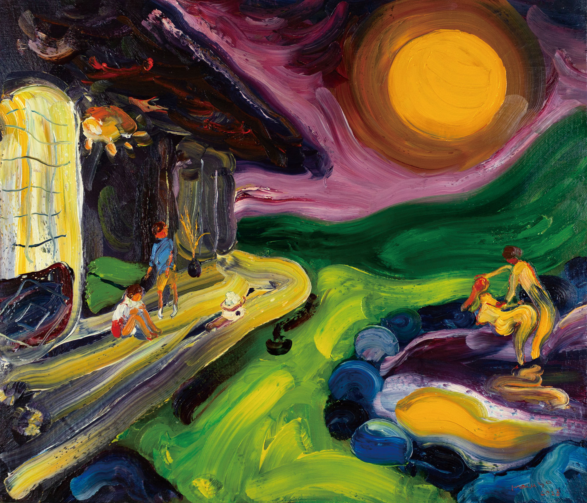 吉岡正人、『夜が降りてくる』、希少画集より、状態良好、新品木製額・額装付 吉岡正人 月夜（油彩10M）