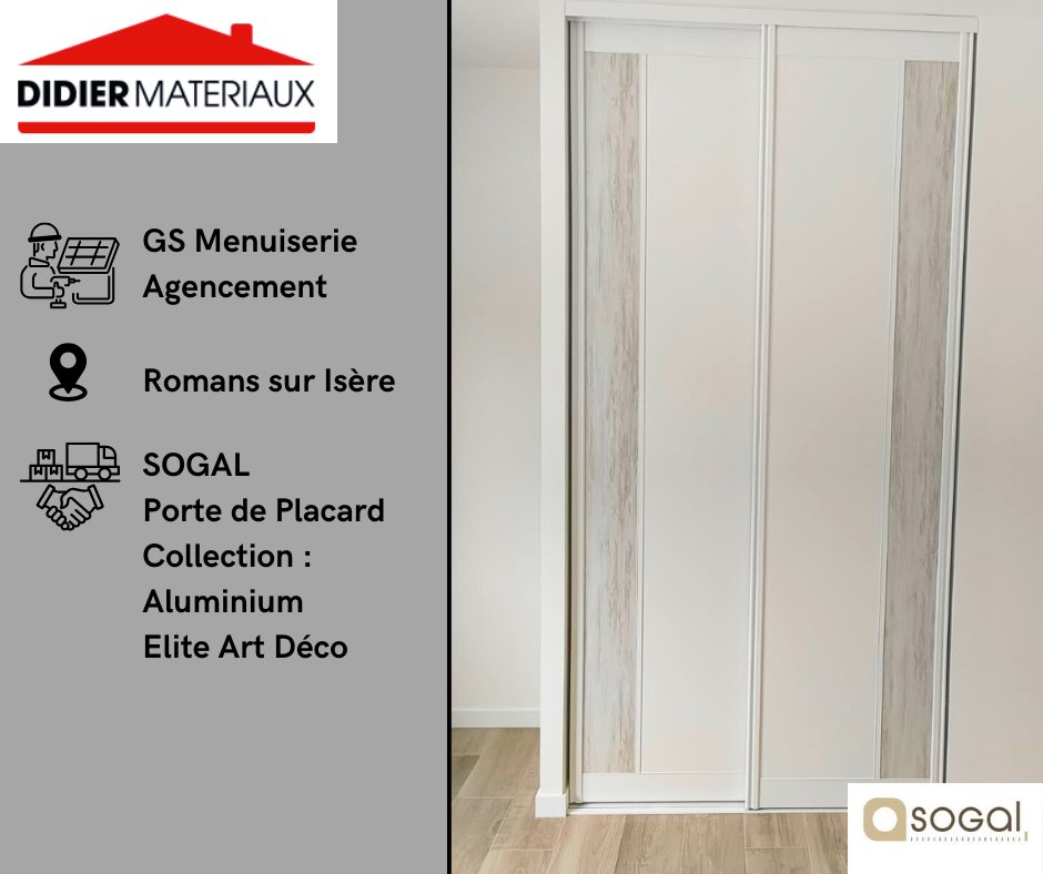 Chantier terminé à #RomansSurIsère ✅
Pose de placards coulissants #Sogal (Aluminium Elite Art déco) par notre client DS Menuiserie.
Finition blanc &amp; bois Atlantique 🌿
Amortisseur intégré = confort &amp; style 👌
 ➡️ Fourniture : Didier Matériaux
#Placards #Menuiserie