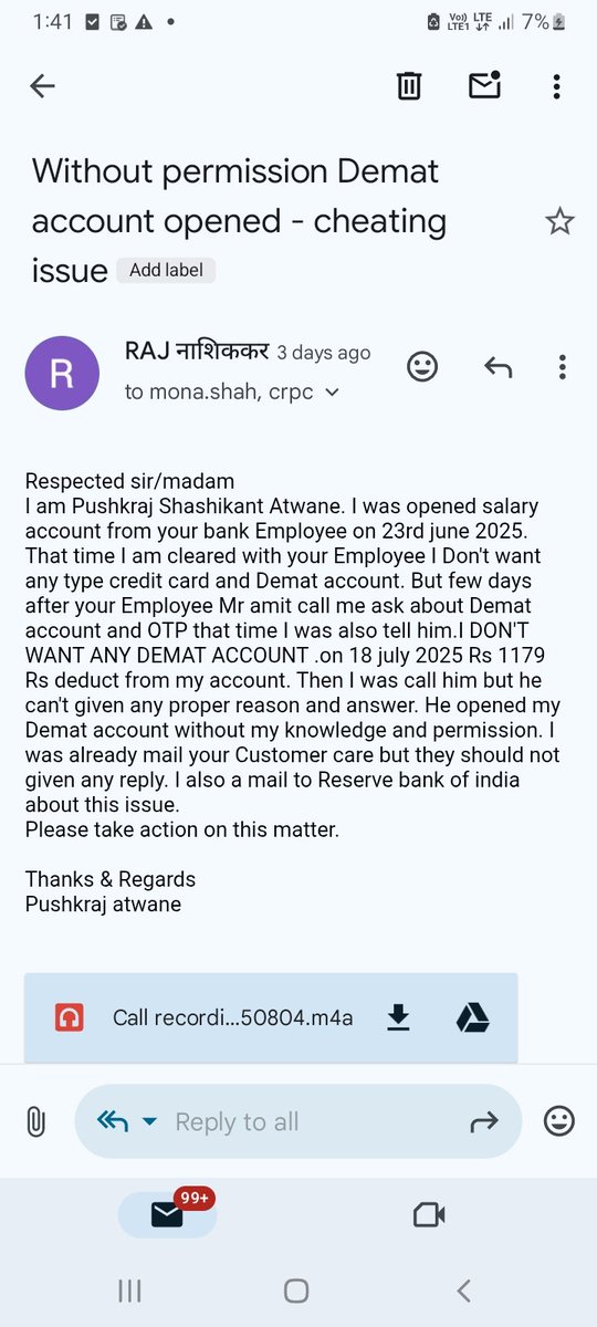 Pushkraj15's tweet photo. @ICICIBankhelpx0, @RBI ,@FinMinIndia to inform ICICI BANK please notice my issue.I was mail you No of time.your Employee Mr amit open my Demat account without my permission.I am not your monthly target I am a customer.Your Employee every thing for monthly target.Please take actio https://t.co/Ylvuz1Xeek