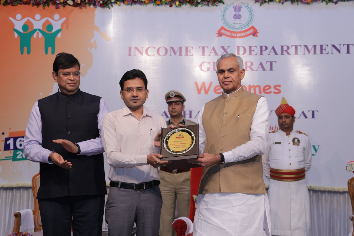 IncomeTaxGuj's tweet photo. During the event, Pr.CCIT Certificate of Excellence was awarded to officers/officials of Income tax Department in recognition of their exemplary service and significant contribution to departmental functioning. Further, Distinguished Service Award in the area of Direct Taxation was also presented by the Hon’ble Governor to eminent persons from the Income Tax Bar Association and Chartered Accountants’ Association.

The winners and runner up of the Painting/Poster making and slogan writing competition, organized at various government and private schools, as a part of 166th Income tax Day celebrations were also felicitated by the Hon’ble Governor of Gujarat.

The event concluded with a commitment to nation building by way of efficient, taxpayer friendly, and accountable tax administration. @ADevvrat @PIB_India @IncomeTaxIndia @nsitharamanoffc @FinMinIndia @officeofPCM @PIBAhmedabad