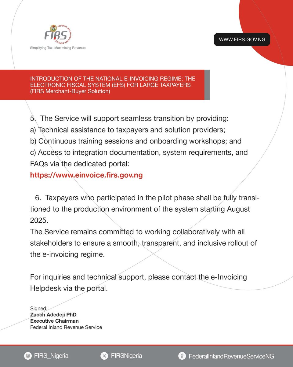 Chi_or_mar's tweet image. INTRODUCTION OF THE NATIONAL E-INVOICING REGIME:
THE ELECTRONIC FISCAL SYSTEM (EFS) FOR LARGE TAXPAYERS
@FIRSNigeria has commenced the National E-Invoicing Solution to enhance transparency, efficiency, and real-time visibility in business transactions in Nigeria.
#SimplifyingTax