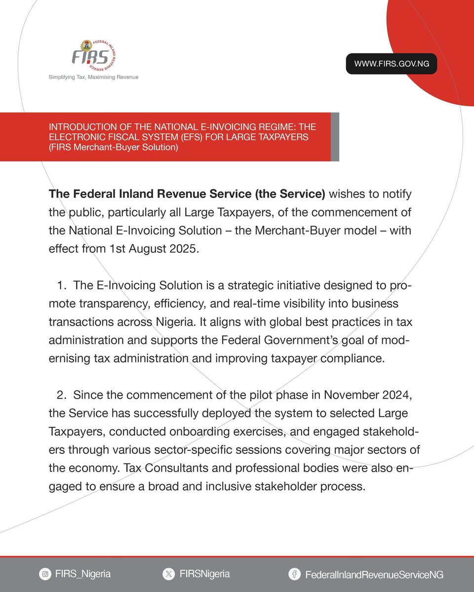 Chi_or_mar's tweet image. INTRODUCTION OF THE NATIONAL E-INVOICING REGIME:
THE ELECTRONIC FISCAL SYSTEM (EFS) FOR LARGE TAXPAYERS
@FIRSNigeria has commenced the National E-Invoicing Solution to enhance transparency, efficiency, and real-time visibility in business transactions in Nigeria.
#SimplifyingTax