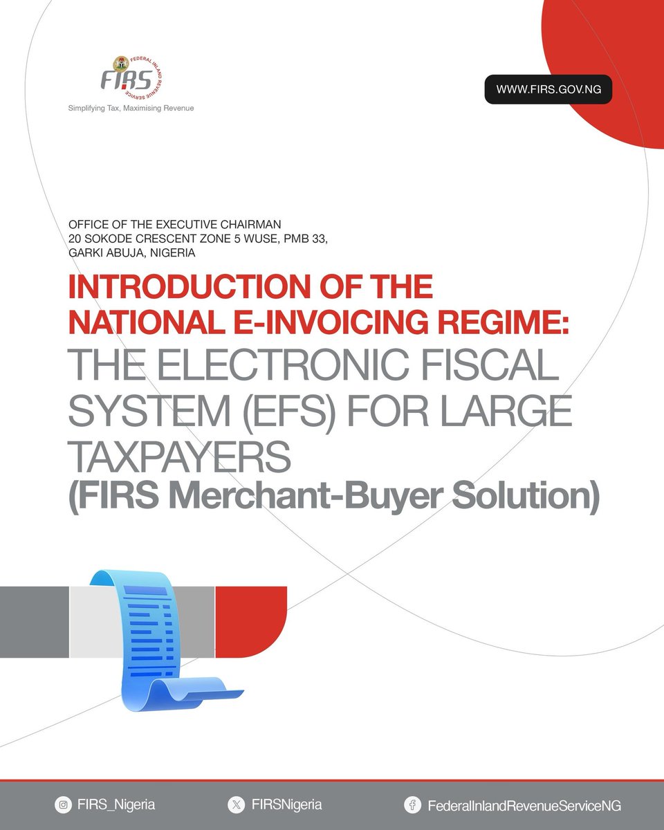 Chi_or_mar's tweet image. INTRODUCTION OF THE NATIONAL E-INVOICING REGIME:
THE ELECTRONIC FISCAL SYSTEM (EFS) FOR LARGE TAXPAYERS
@FIRSNigeria has commenced the National E-Invoicing Solution to enhance transparency, efficiency, and real-time visibility in business transactions in Nigeria.
#SimplifyingTax