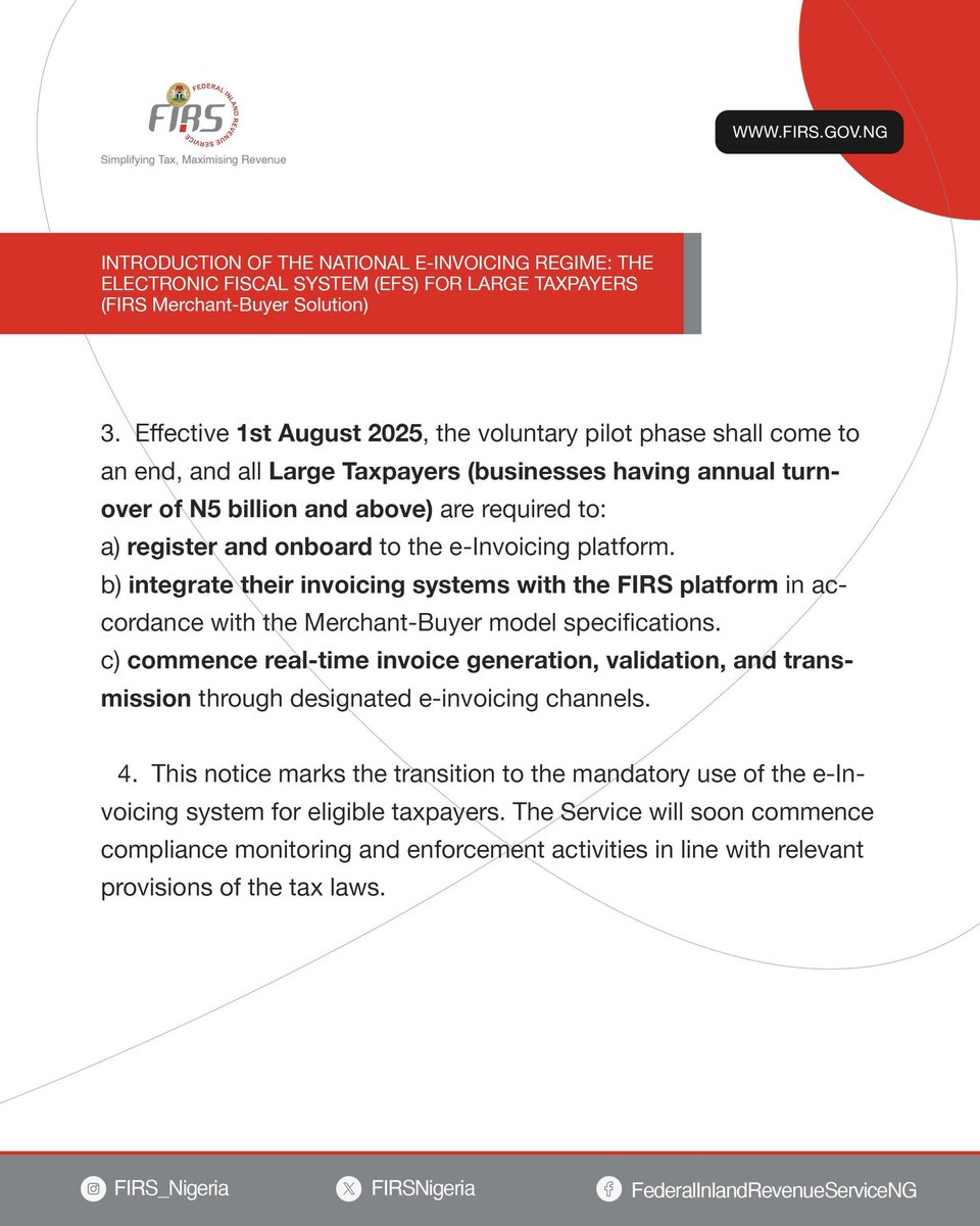 Chi_or_mar's tweet image. INTRODUCTION OF THE NATIONAL E-INVOICING REGIME:
THE ELECTRONIC FISCAL SYSTEM (EFS) FOR LARGE TAXPAYERS
@FIRSNigeria has commenced the National E-Invoicing Solution to enhance transparency, efficiency, and real-time visibility in business transactions in Nigeria.
#SimplifyingTax