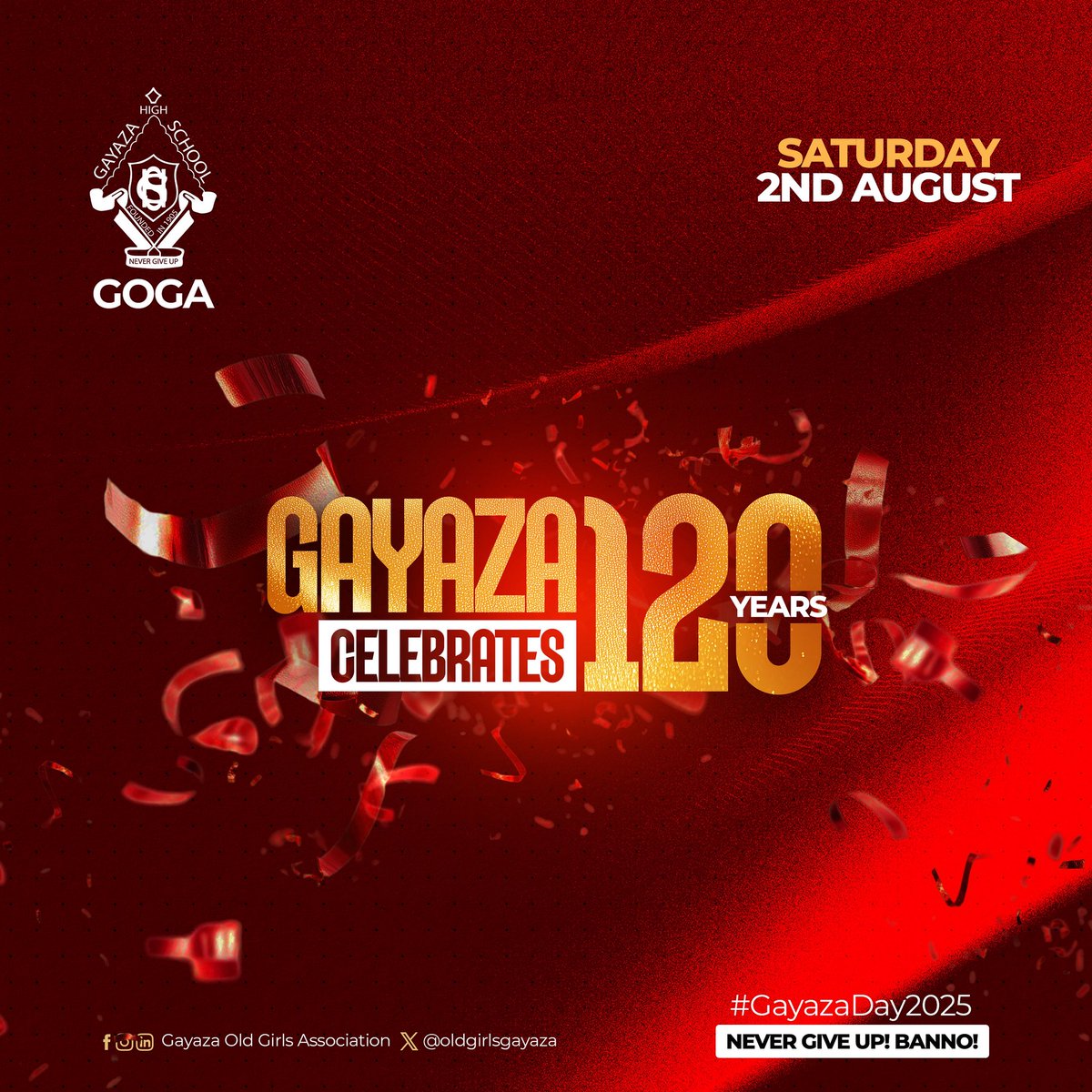 Join the Gayaza Old Girls Association on Saturday, 2nd August as we commemorate 120 years of academic excellence, leadership, and community at Gayaza High School! 
Let’s come together to celebrate our rich history and look forward to a bright future. ❤️🤍

#GayazaAt120
#GOGA