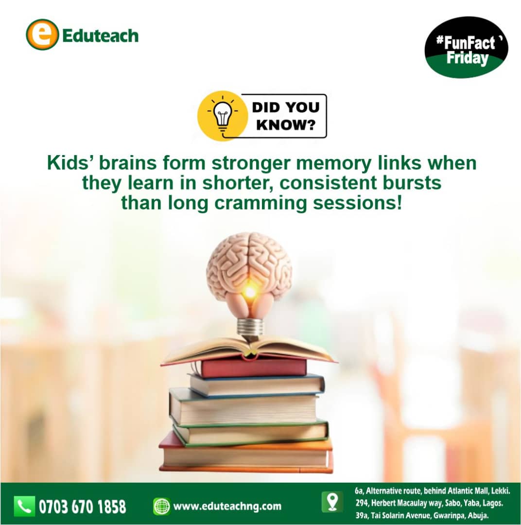 Eduteachng's tweet photo. DID YOU KNOW?

Kids retain info better when they learn in short, steady bursts, not long cram sessions!

That’s why Eduteach’s summer classes are light, fun, and brain-smart!

Enroll today: 07036701858

#StudyTipsForKids #FunLearningNG #SmartSummerLearning #ParentingNigeria https://t.co/FgzJ36A38s
