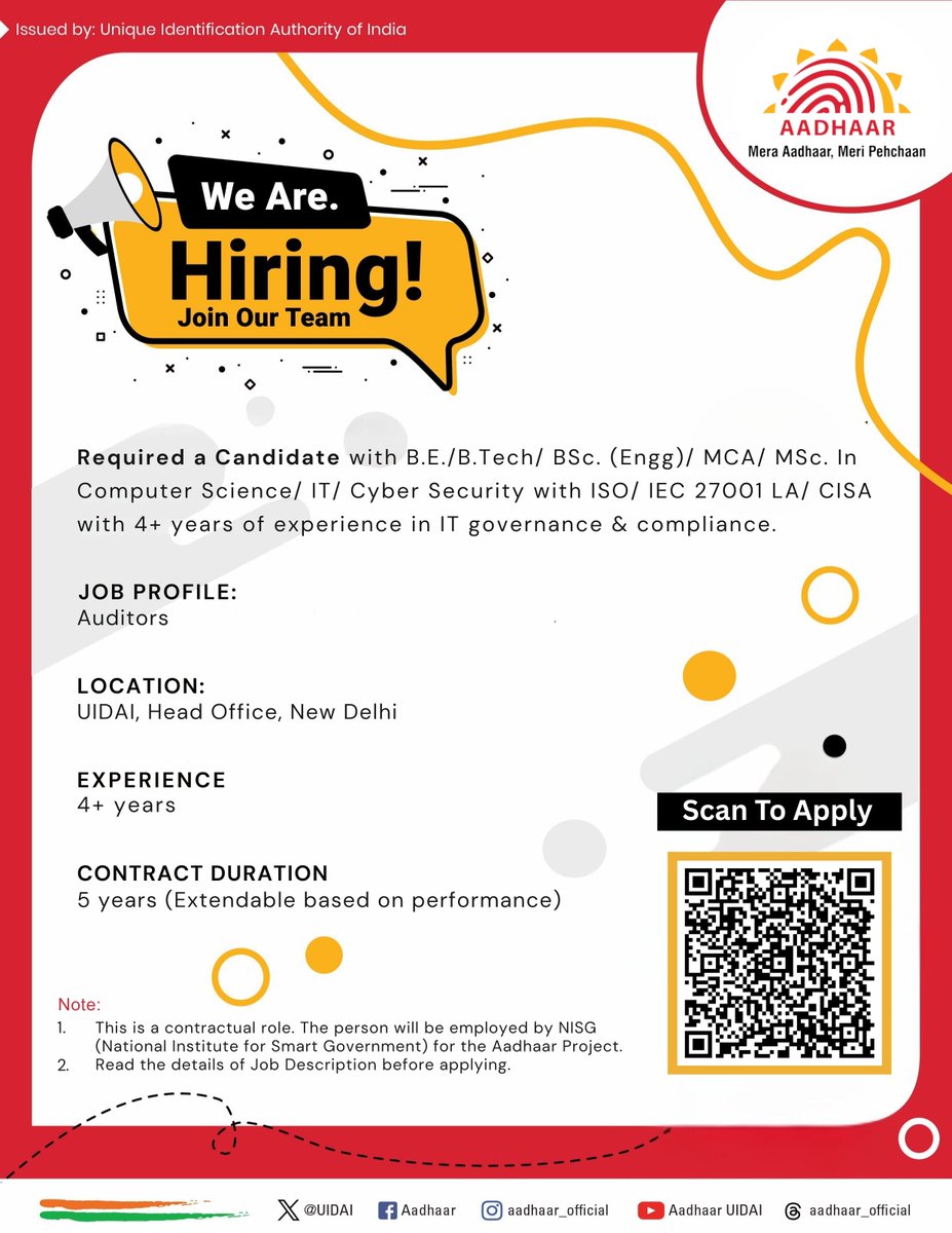 UIDAI's tweet image. #UIDAI is looking for professionals for the position of Auditors at its Head Office, New Delhi to strengthen its team.
Please read the job description in detail before applying.