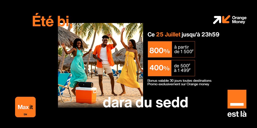 Ce 25 juillet jusqu’à 23h59 recharge ton crédit par Orange Money, pour bénéficier d’un bonus de 800% à partir de 1 500 F et 400 % de 500 F à 1499 F.

Bu la ci ken jittu🤩.
Bonus valable 30 jours toutes destinations.
Promo Exclusivement sur Orange Money

RDV dans ta super app Max
