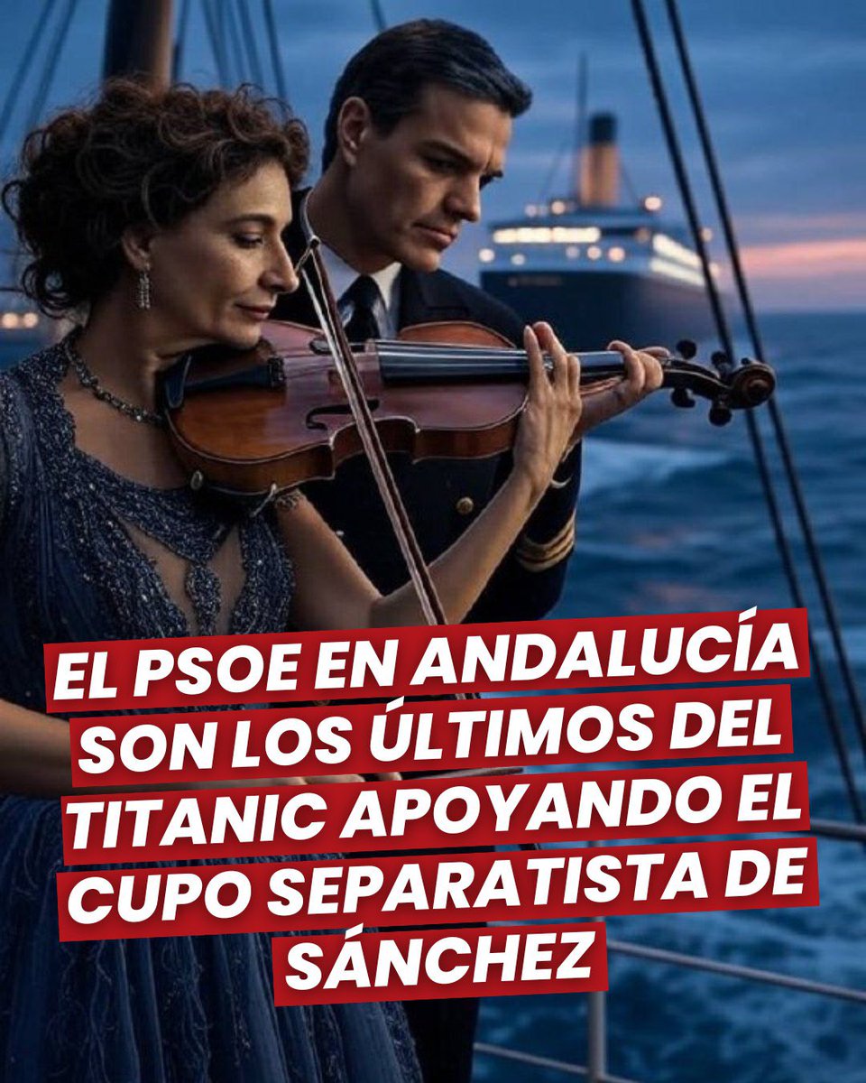 ppandaluz's tweet image. 🥀🎻 El PSOE en Andalucía ha decidido quedarse como los últimos del Titanic apoyando el cupo separatista de Pedro Sánchez.
Ponen sus intereses por delante de Andalucía.